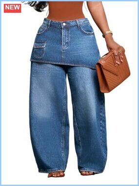 High Rise Wide Leg Cargo Jeans with Skirt Overlay and Pockets